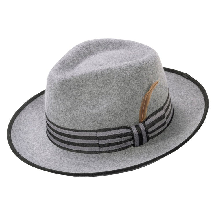 Montique GREY Wool Felt Fedora with Striped Ribbon Band SIZE MEDIUM H-1 02