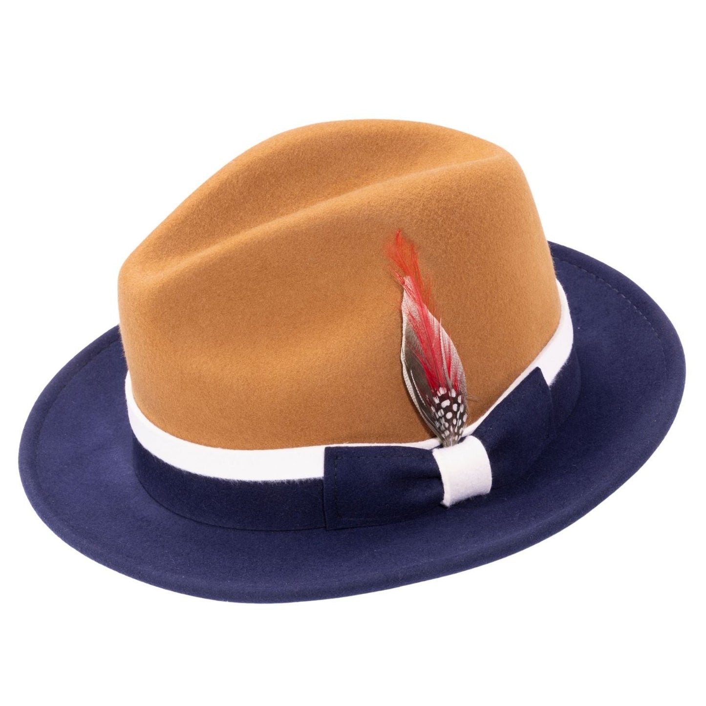 Montique Cappuccino-Navy Felt Fedora Hat with White Trim BRIM 2 1/2 INCH SZ MED