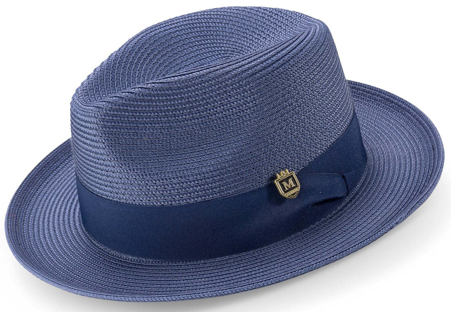 NAVY Braided Wide Brim Pinch Fedora Matching Grosgrain Ribbon Hat SZ MED H42
