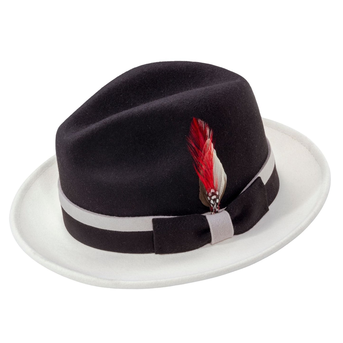 Montique Black & White Felt Fedora with Grey Band and FeatherSZ MEDIUM H103