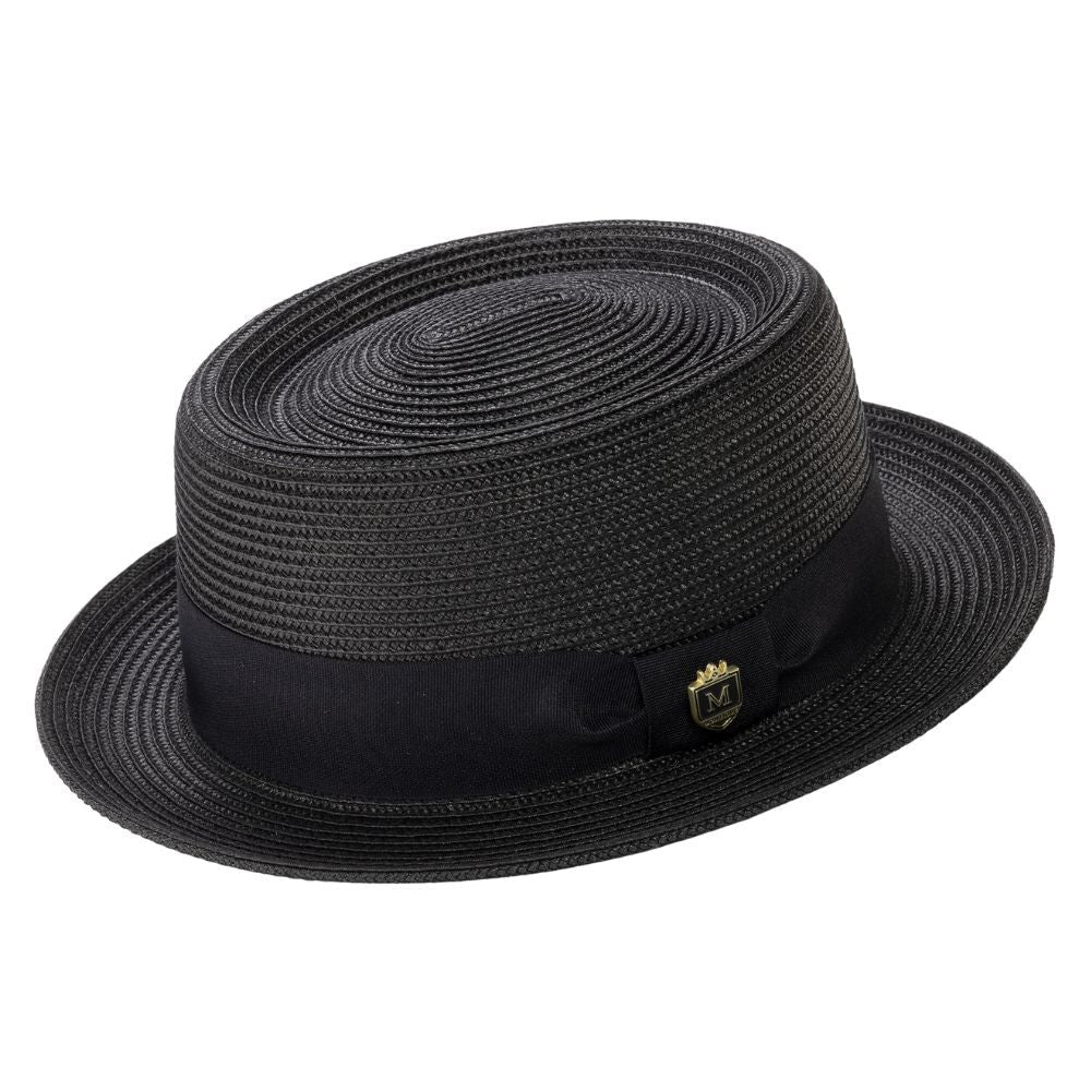 Montique Men’s Solid Black Straw Pork Pie Hat. H-95