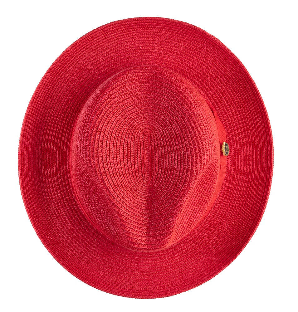 MONTIQUE RED Braided Wide Brim Pinch Fedora Matching Grosgrain Ribbon Hat SZ M