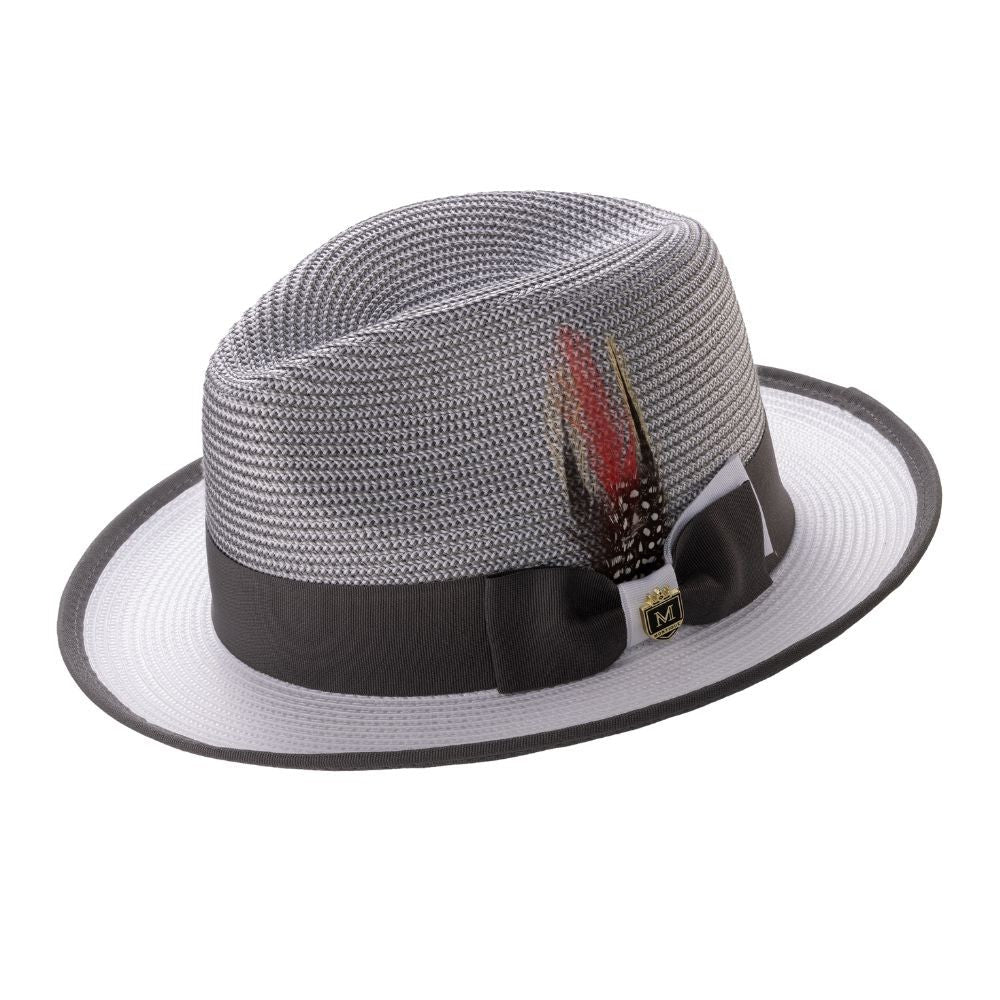 Grey and white center crease fedora hat. h-93