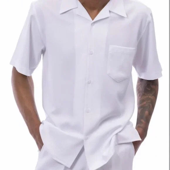 WHITE Walking Suit 2 Piece Solid Color Short Sleeve Set LAR -34 WAIST 696