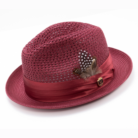 MONTIQUE BURGUNDY Pinch Braided Fedora With Satin Ribbon Hat h-34