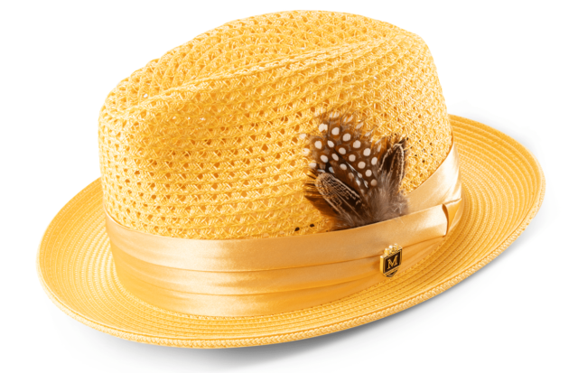MONTIQUE Sombrero Fedora con Trenza Ajustada de Color Liso Canario con Cinta de Satén a Juego. H-34