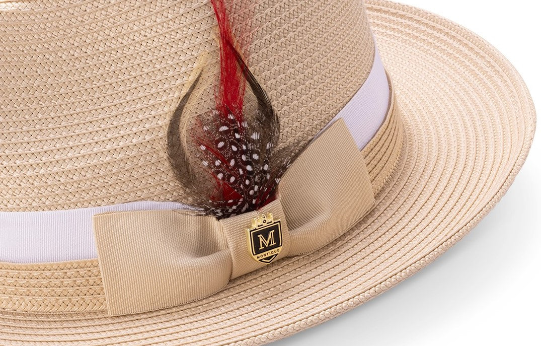 Montique BEIGE Fedora Hat with Two-Tone Grosgrain Ribbon Band and Feather Accent. H-91