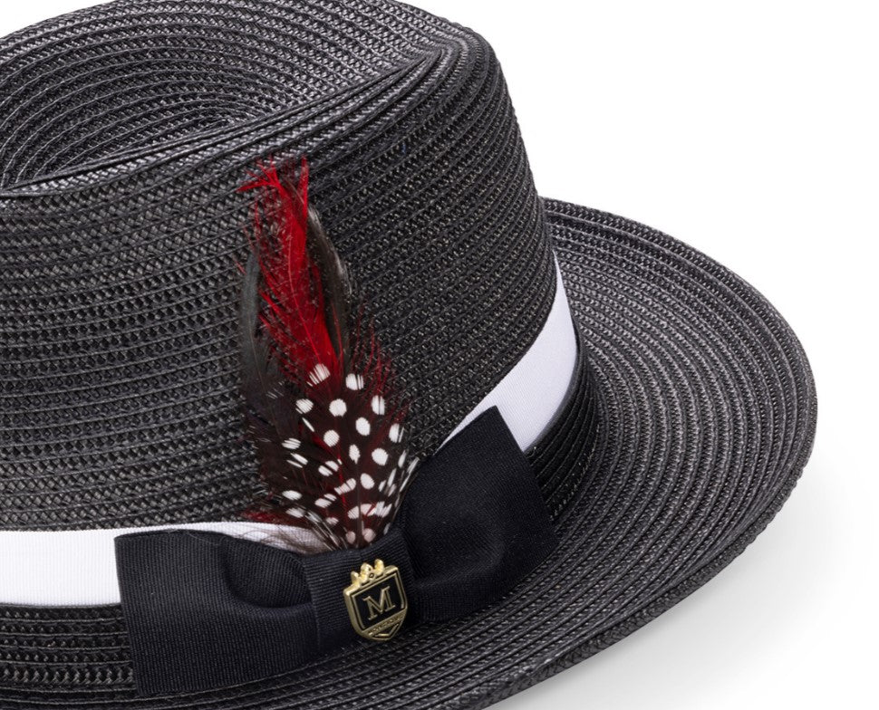 Montique BLACK Fedora Hat with Two-Tone Grosgrain Ribbon Band and Feather Accent H=91