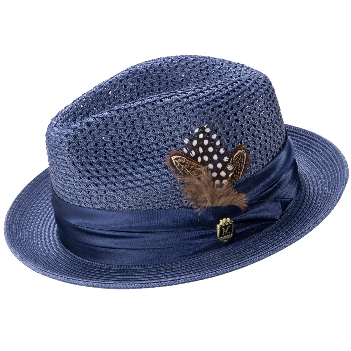 MONTIQUE NAVY Solid Color Pinch Braided Fedora With Matching Satin Ribbon . H-34