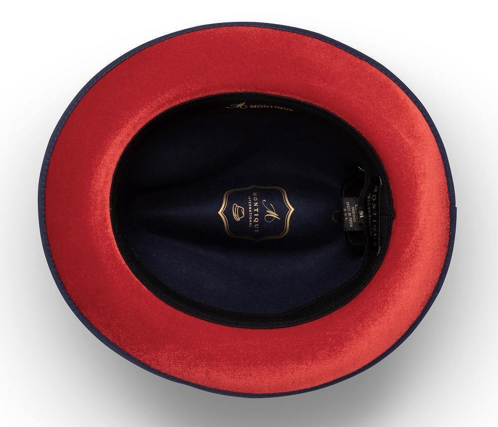 Montique NAVY Hat Matching Grosgrain Ribbon 2 3/8 Brim Red Bottom Wool Felt MED