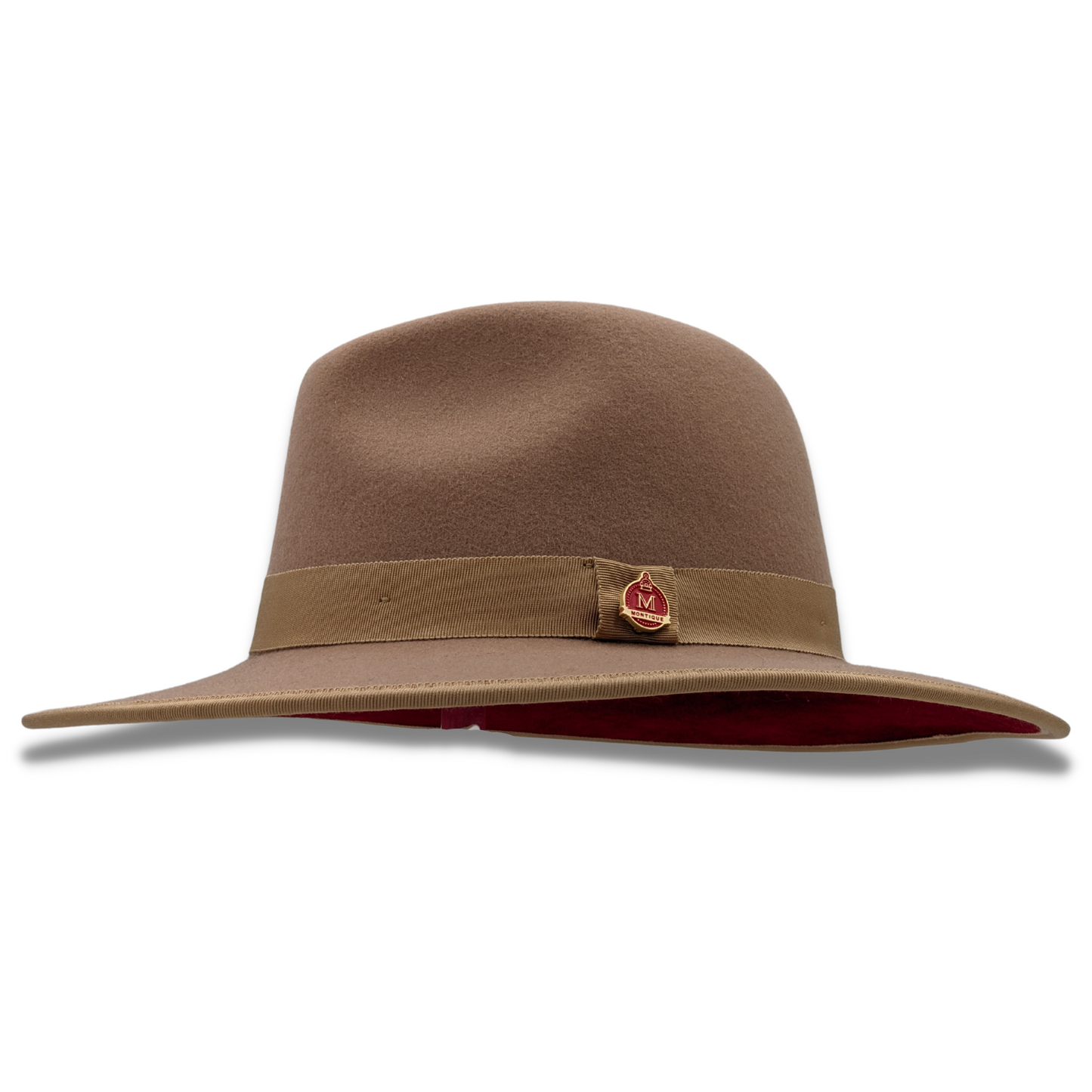 Montique Tan 3 1/8" Brim Red Bottom Wool Felt Dress Hat  SZ LARGE  H-80