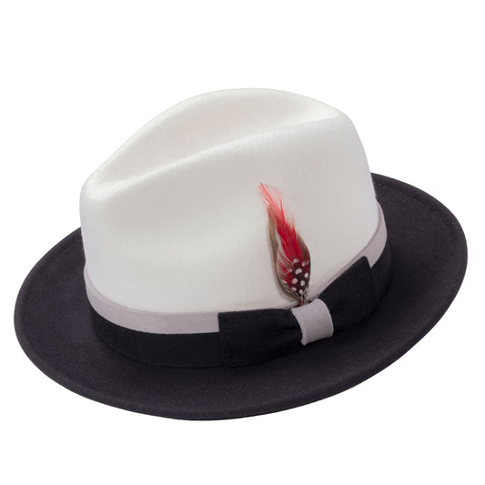 Montique White-Black Felt Fedora Hat with Grey Trim 2 1/2 inch brim sz XLAR.H101