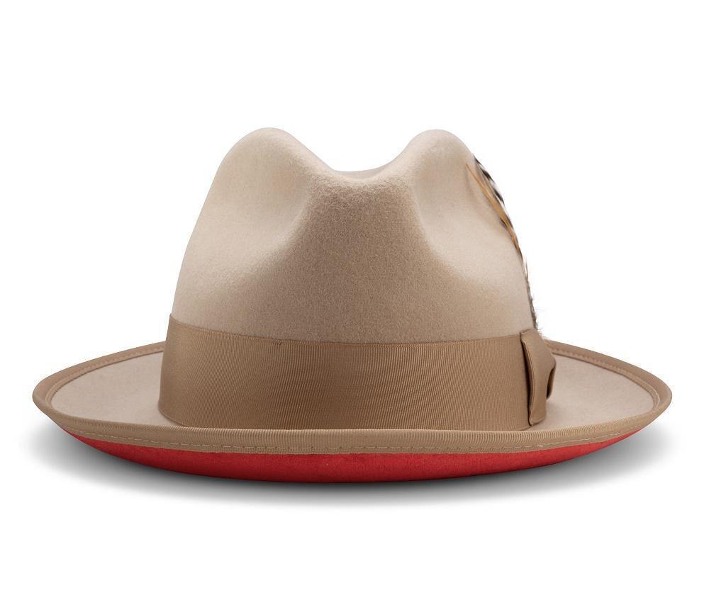 Montique BEIGE Hat Matching Grosgrain Ribbon 2 3/8 Brim Red Bottom Wool Felt MED