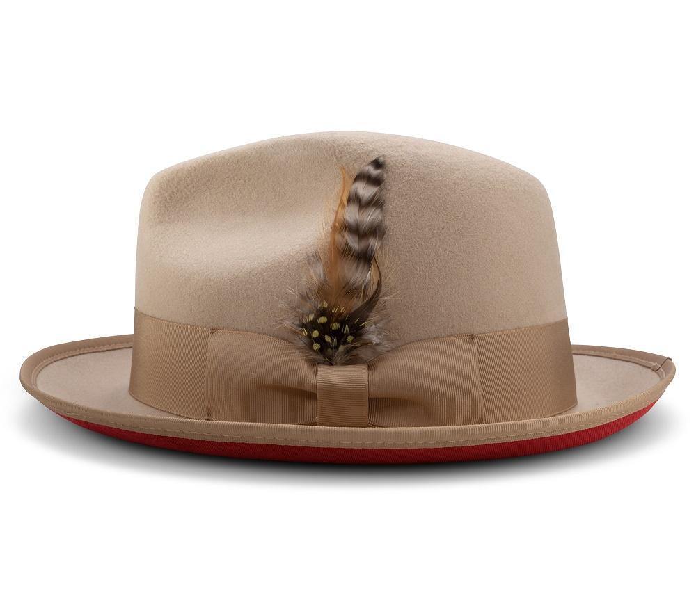 Montique BEIGE Hat Matching Grosgrain Ribbon 2 3/8 Brim Red Bottom Wool Felt MED