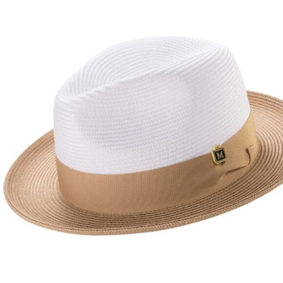 Montique CAMEL Two-tone Pinch Fedora - Matching Grosgrain Ribbon-Wide Brim H 47