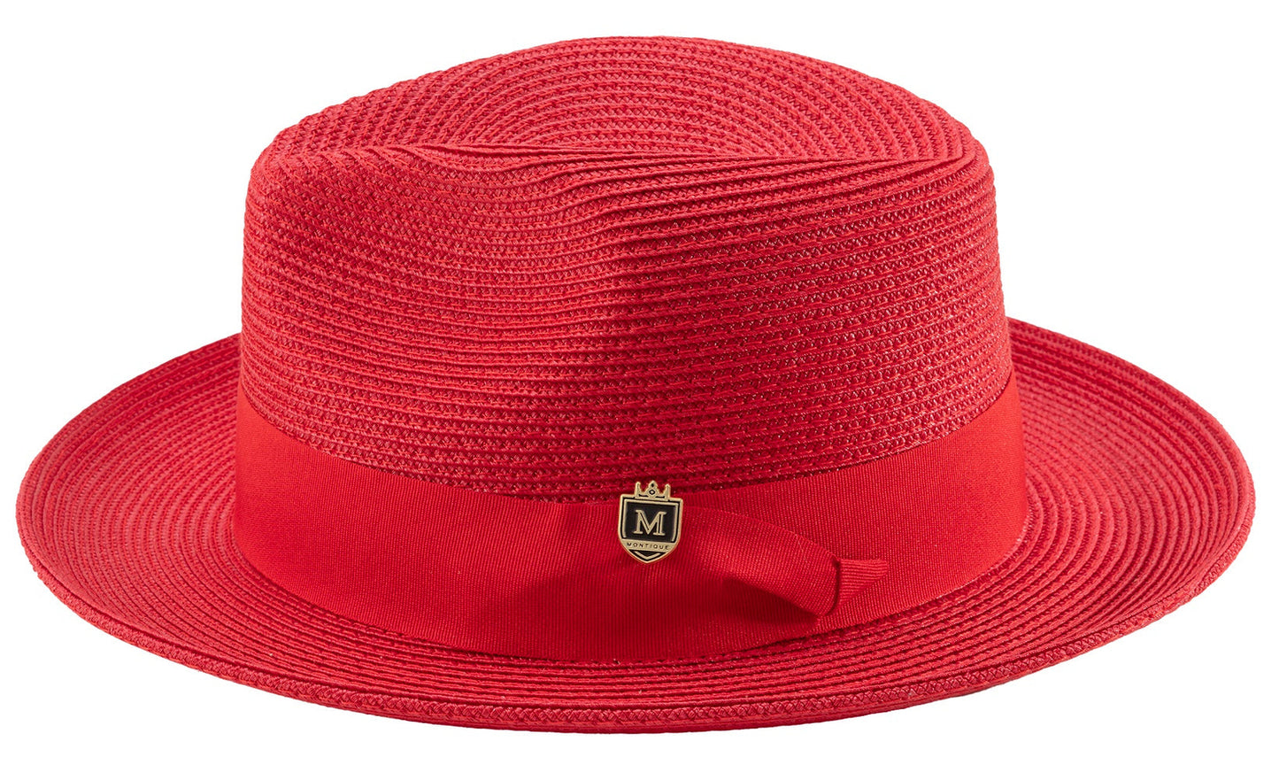 MONTIQUE RED Braided Wide Brim Pinch Fedora Matching Grosgrain Ribbon Hat SZ M