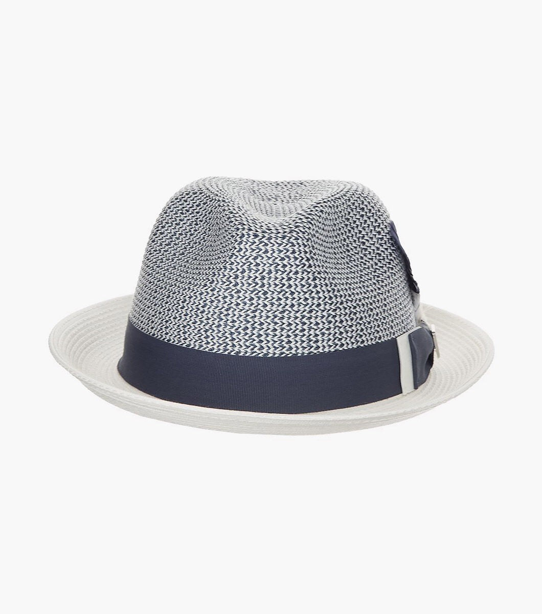 STACY ADAMS NAVY Skylin Fedora Paper Braided Pinch Front Hat SZ LARGE 7 1/4