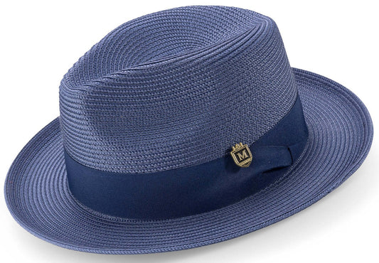 NAVY Braided Wide Brim Pinch Fedora Matching Grosgrain Ribbon Hat SZ MED  H42