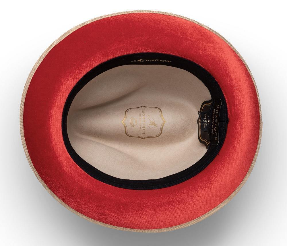 Montique BEIGE Hat Matching Grosgrain Ribbon 2 3/8 Brim Red Bottom Wool Felt MED