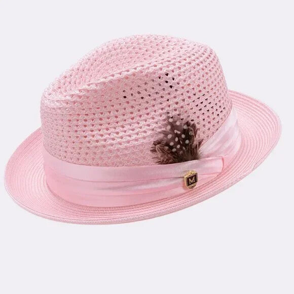 Montique PINK Pinch Braided Fedora Matching Satin Ribbon 2 inch BRIM SZ MED  34