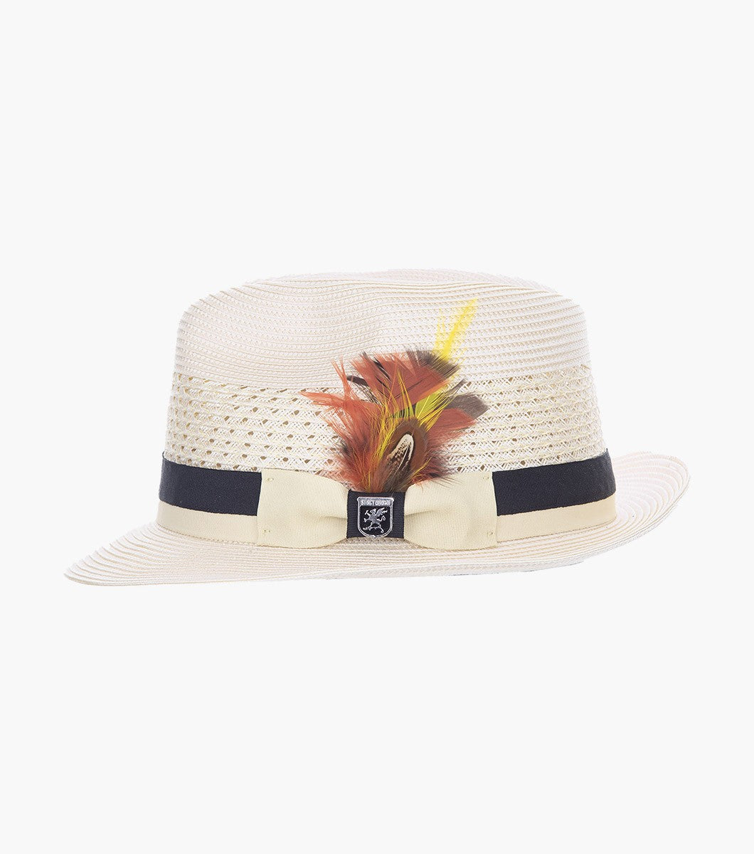 STACY ADAMS Tyce Fedora Poly Braided Pinch Front Hat`BIEGE/BLACK SZ LARGE 7 1/4