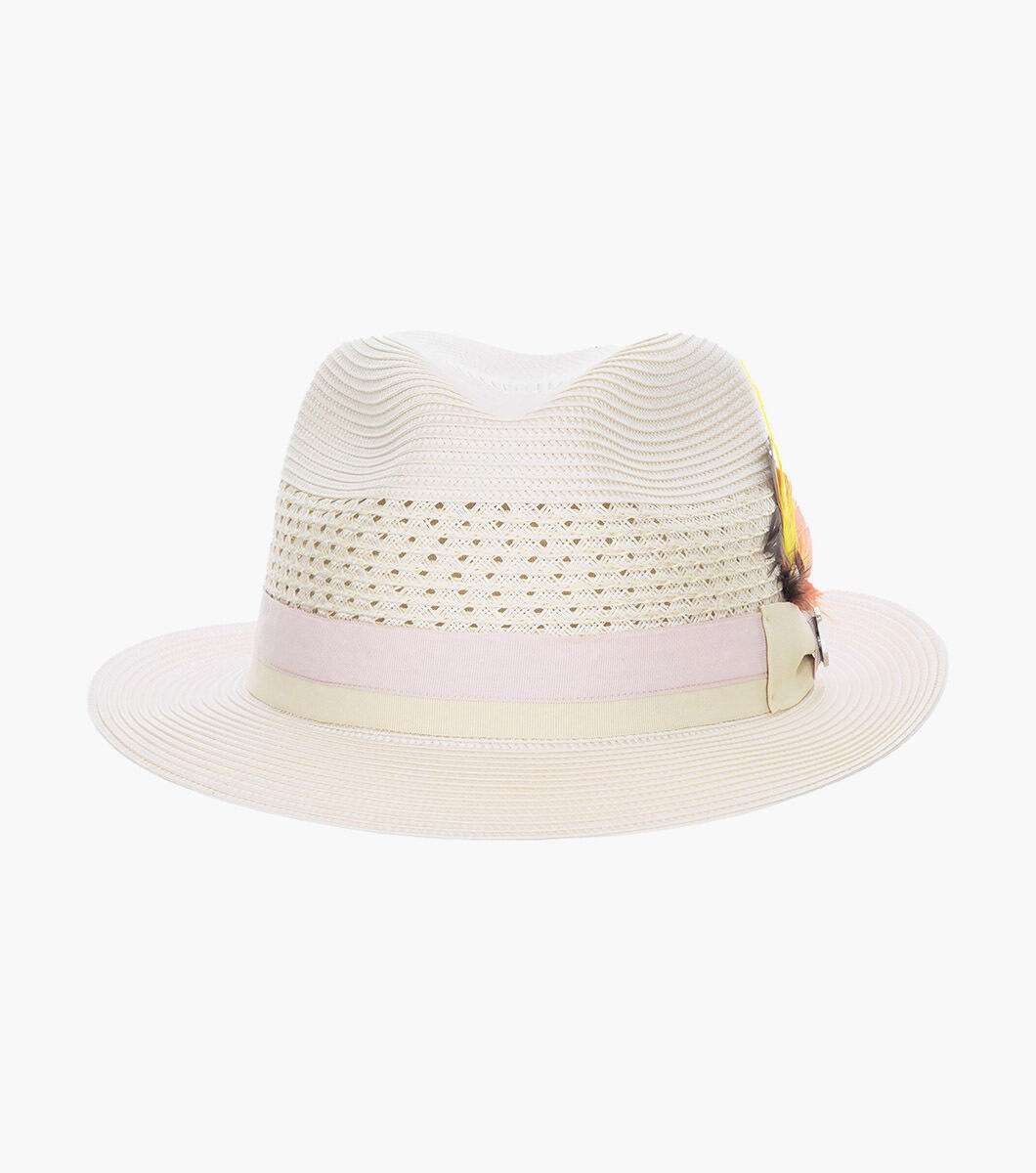 STACY ADAMS Tyce Fedora Poly Braided Pinch Front Hat`BIEGE/PINK SZ LARGE 7 1/4