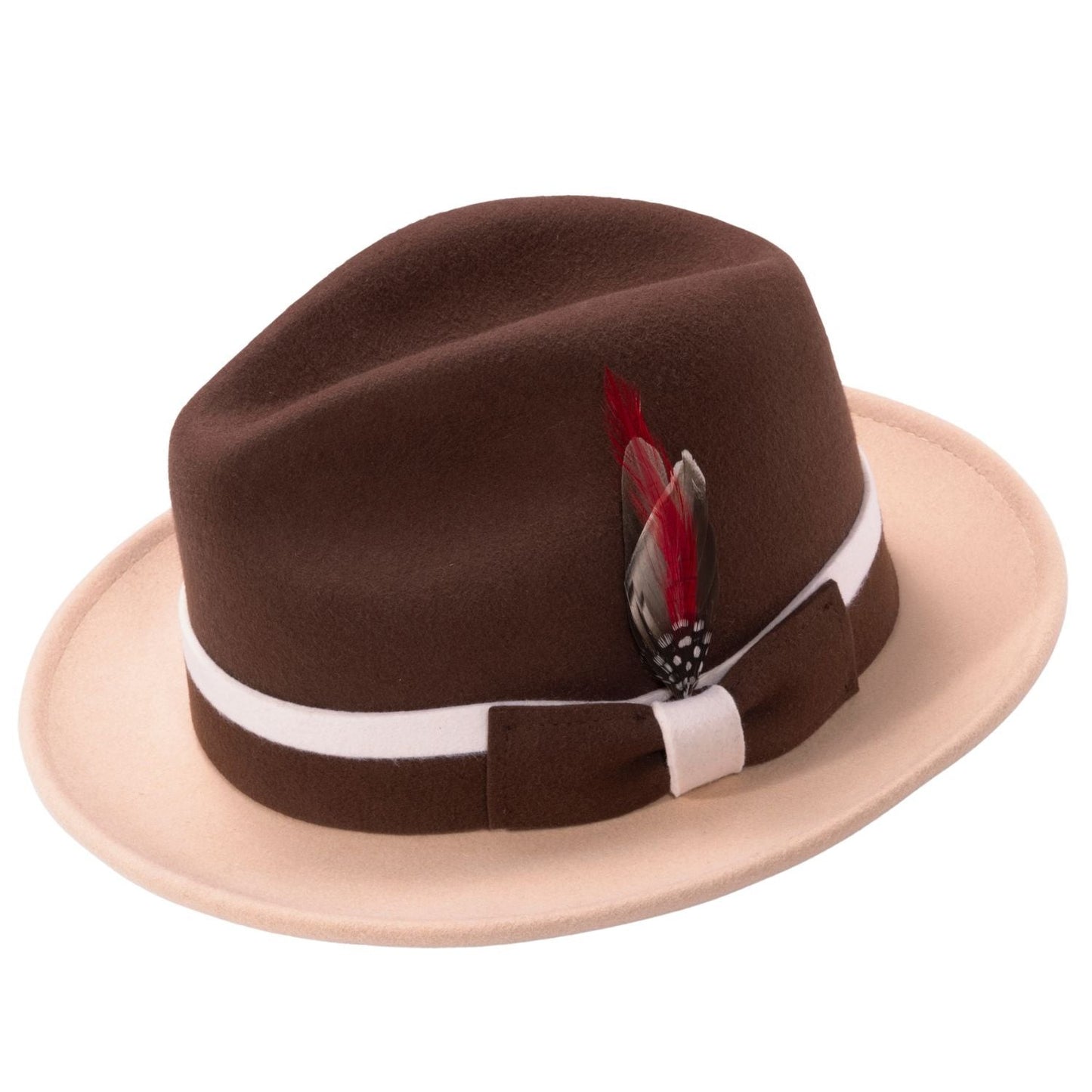 Montique BROWN & BEIGE Felt Fedora with WHITE Band - Feather SZ  LARGE  H103