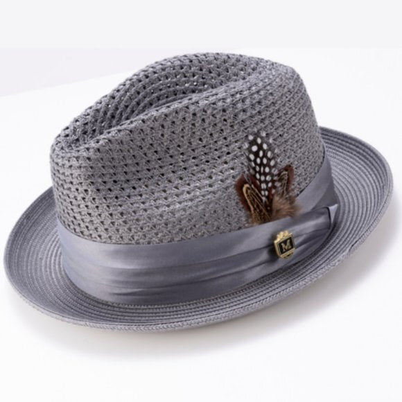 Montique GrayPinch Braided Fedora ,Matching Satin Ribbon 2 inch BRIM  SZ SM 34