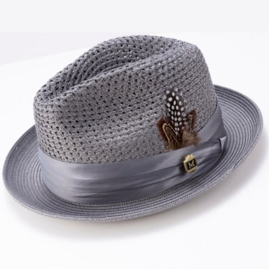 Montique GrayPinch Braided Fedora ,Matching Satin Ribbon 2 inch BRIM  SZ SM 34
