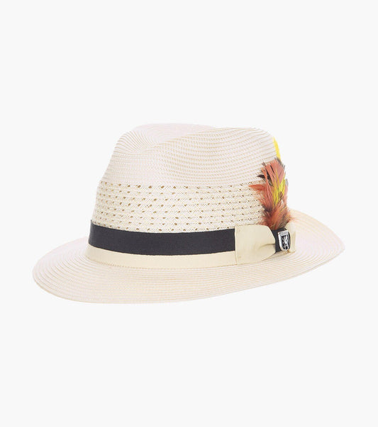 STACY ADAMS Tyce Fedora Poly Braided Pinch Front Hat`BIEGE/BLACK SZ LARGE 7 1/4