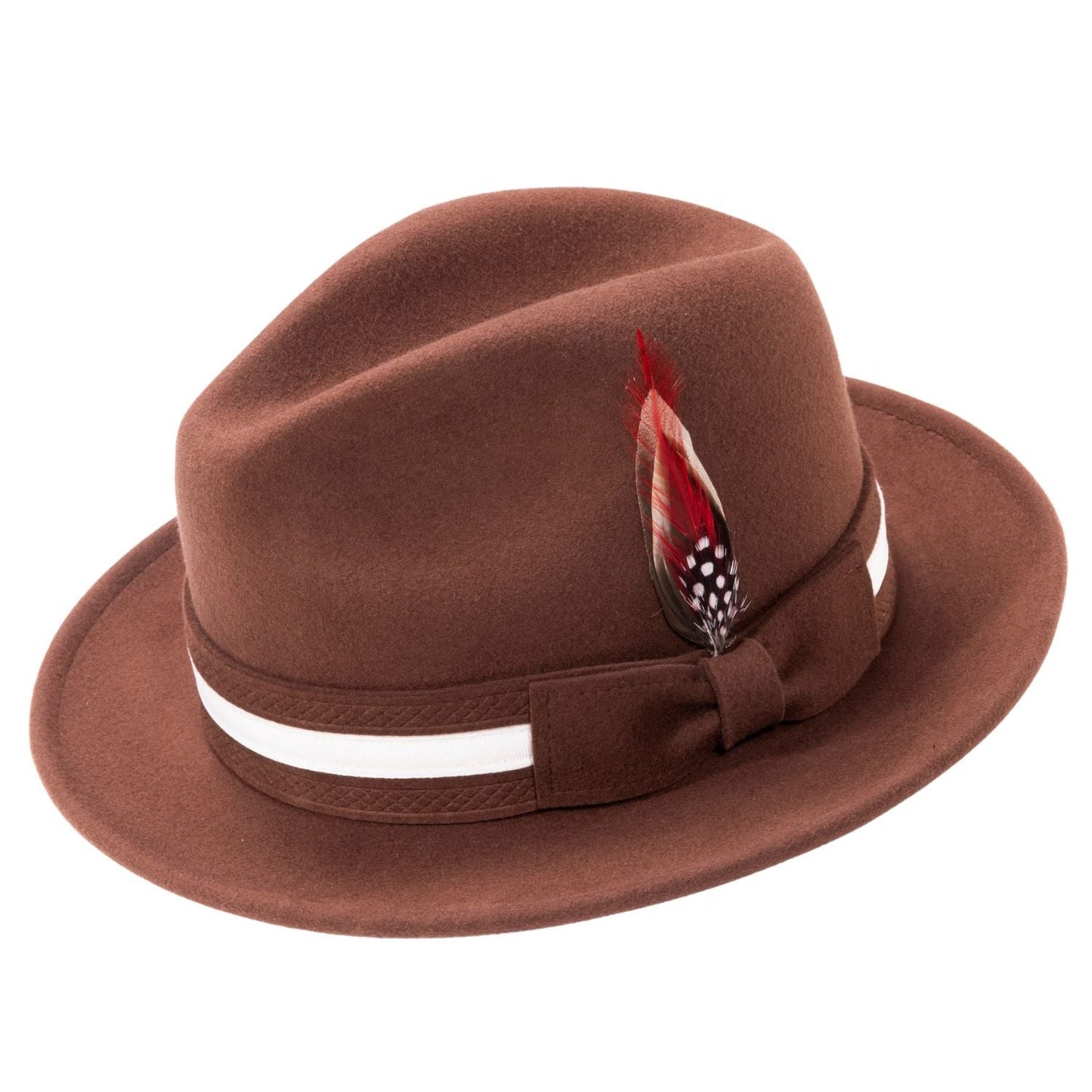 Montique BROWN Felt Fedora with White Band / Red Feather. SZ MEDIUM  H100