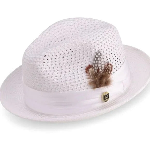 Montique WHITE Pinch Braided Fedora Matching Satin Ribbon 2 inch BRIM SZ XL 34