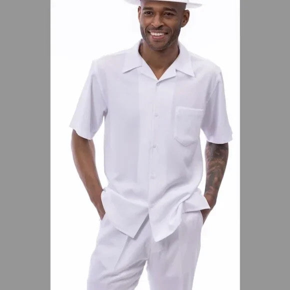 WHITE Walking Suit 2 Piece Solid Color Short Sleeve Set LAR -34 WAIST    696