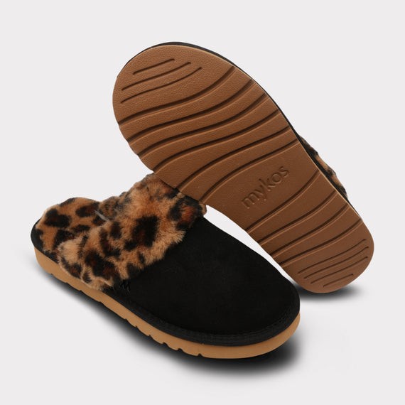 MYKOS Lia Women's BLACK/LEOPARD  Slip-On Scuff Slipper  SIZE 6   MW  2556