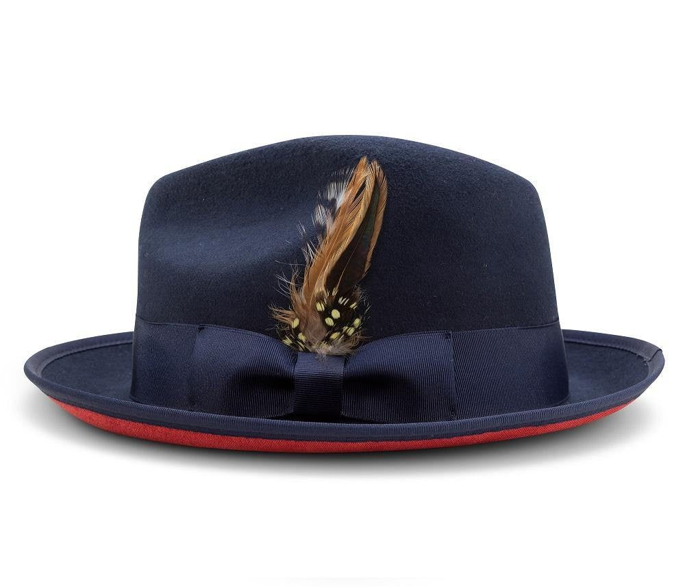 Montique Navy with Grosgrain Ribbon 2 3/8" Brim Red Bottom Wool Felt Hat. sz MED