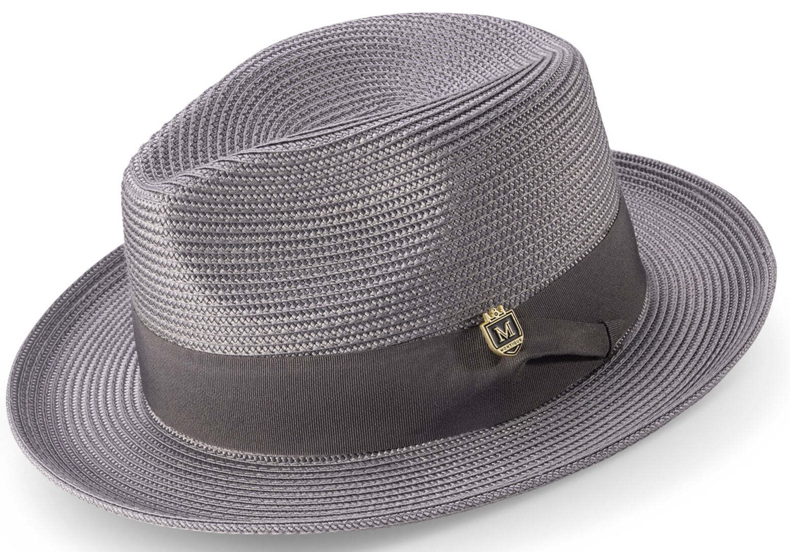 GREY Braided Wide Brim Pinch Fedora Matching Grosgrain Ribbon Hat SZ. LARGE  h42