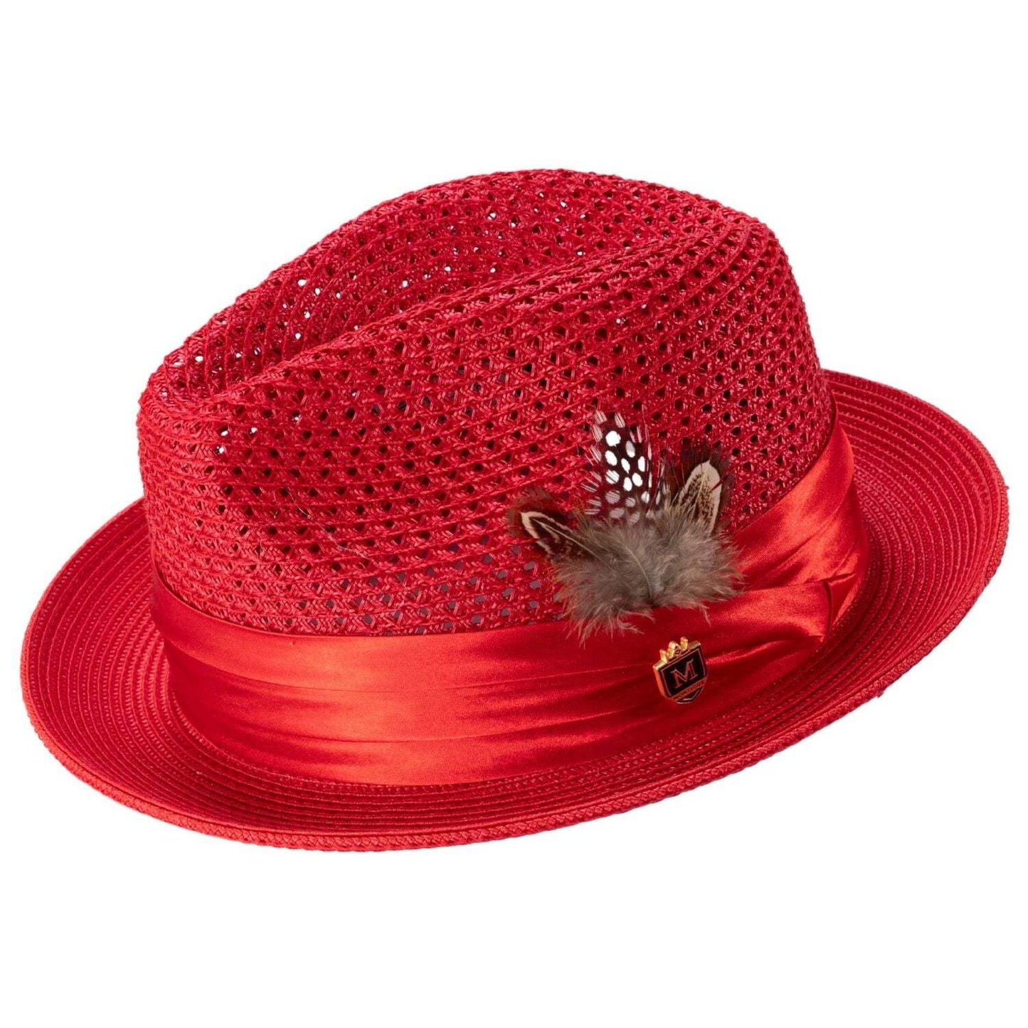 Montique RED Pinch Braided Fedora Matching Satin Ribbon 2 inch BRIM SZ SMALL. 34