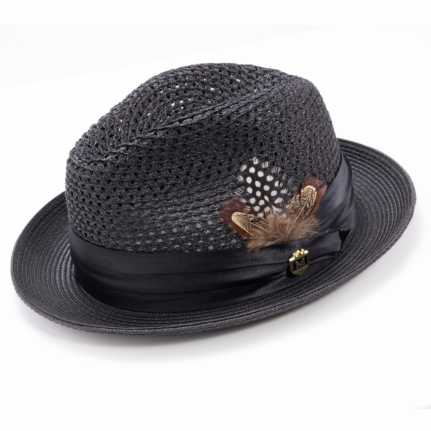 BLACK Solid Color Pinch Braided Fedora With Matching Satin Ribbon . SZ MED  H-34