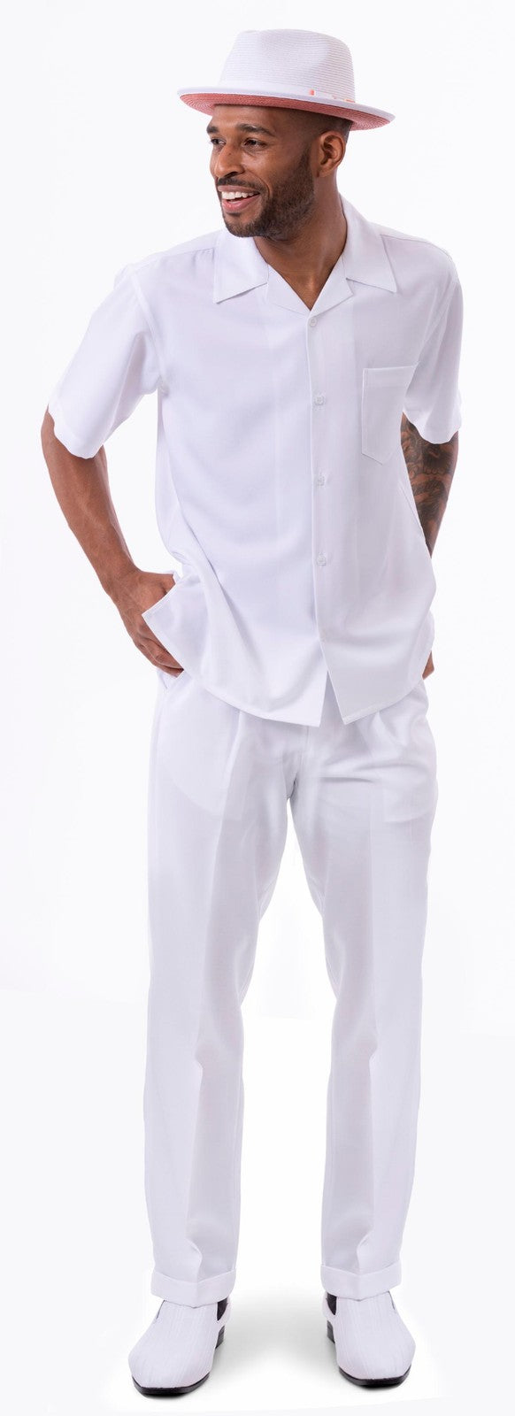 WHITE Walking Suit 2 Piece Solid Color Short Sleeve Set XL -38 WAIST    696