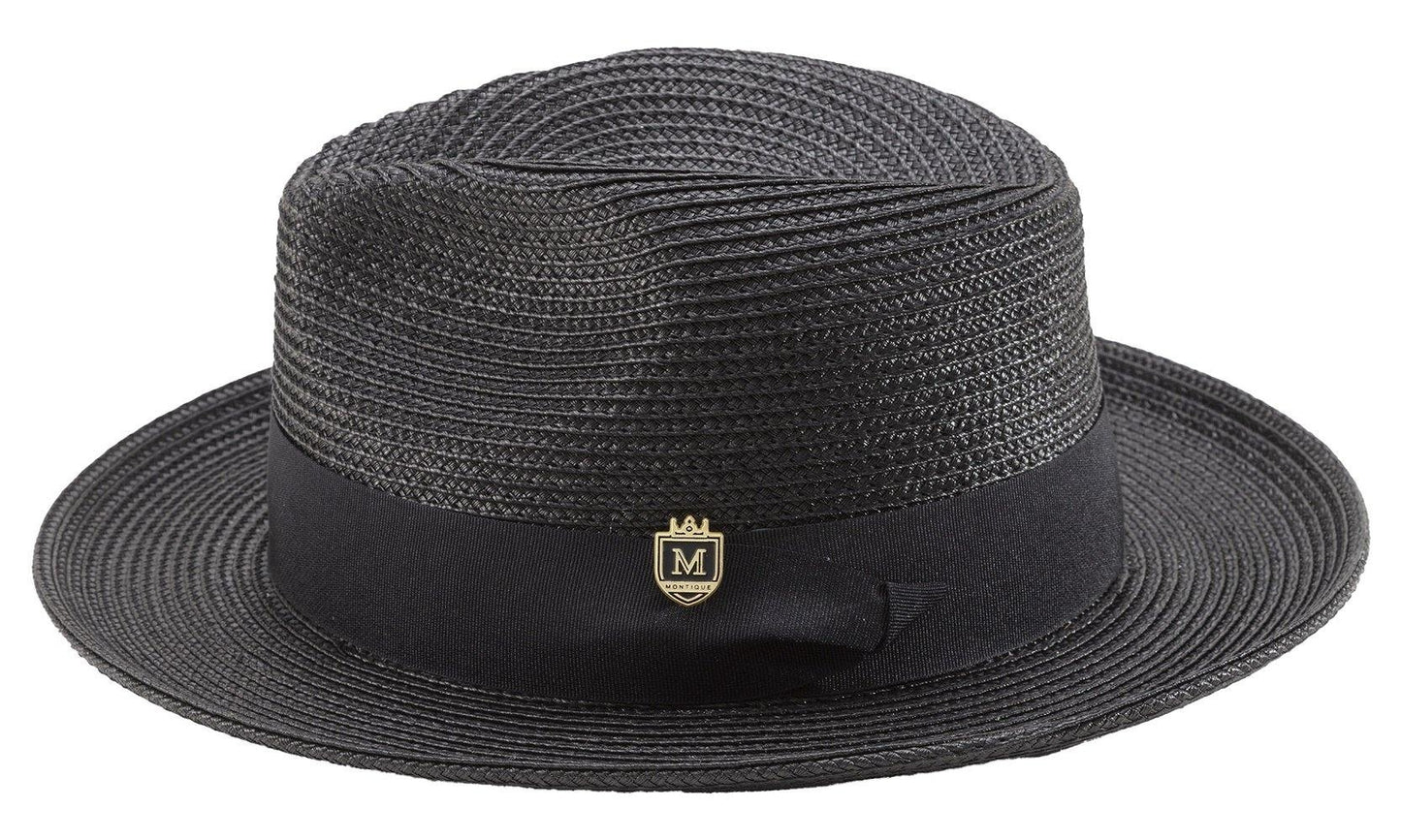 Black Braided Wide Brim Pinch Fedora Matching Grosgrain Ribbon Hat  SZ.MED  h-42