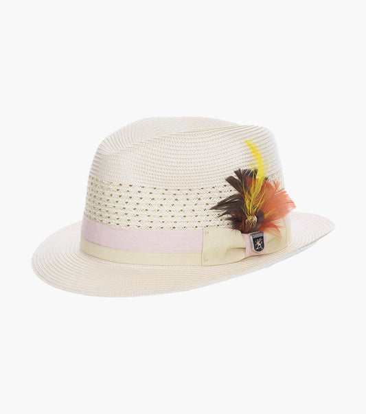 STACY ADAMS Tyce Fedora Poly Braided Pinch Front Hat`BIEGE/PINK SZ LARGE 7 1/4