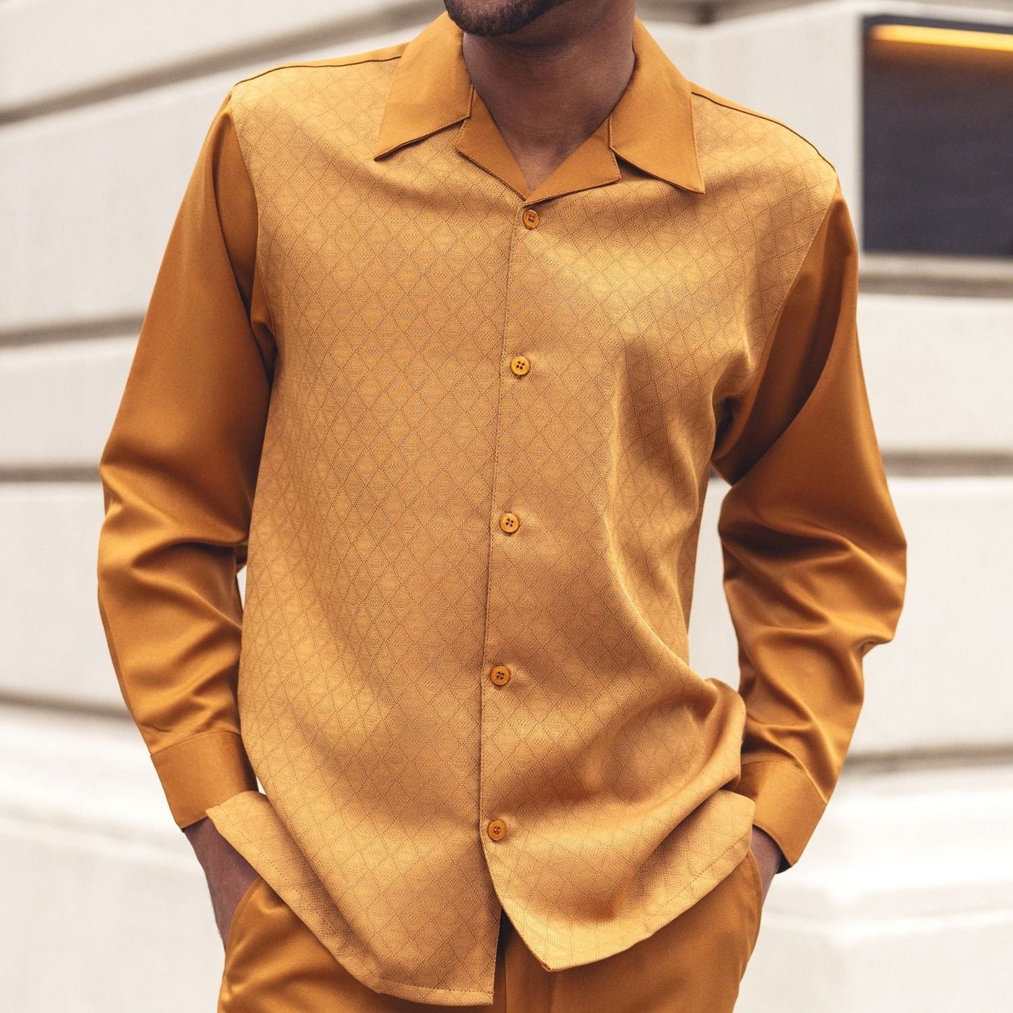 Montique Men’s Mustard Long Sleeve 2-Piece Walking Suit  SIZE MED-33 WAIST  2582