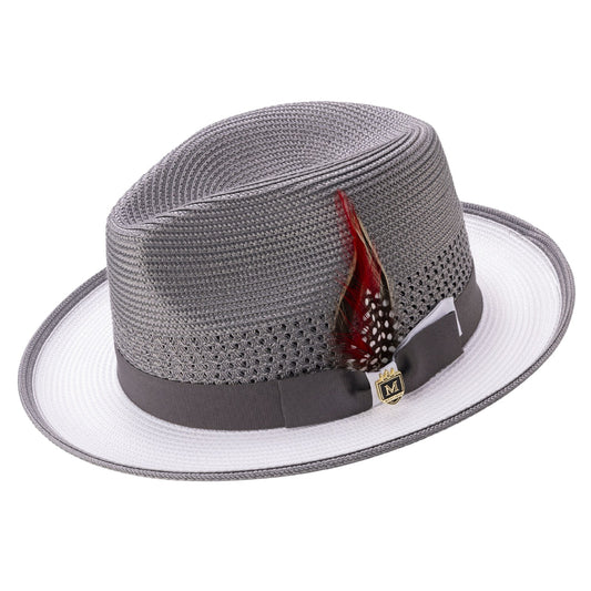 Montique GRAY and White Center Crease Fedora with 2 1.2 in brim     H-94