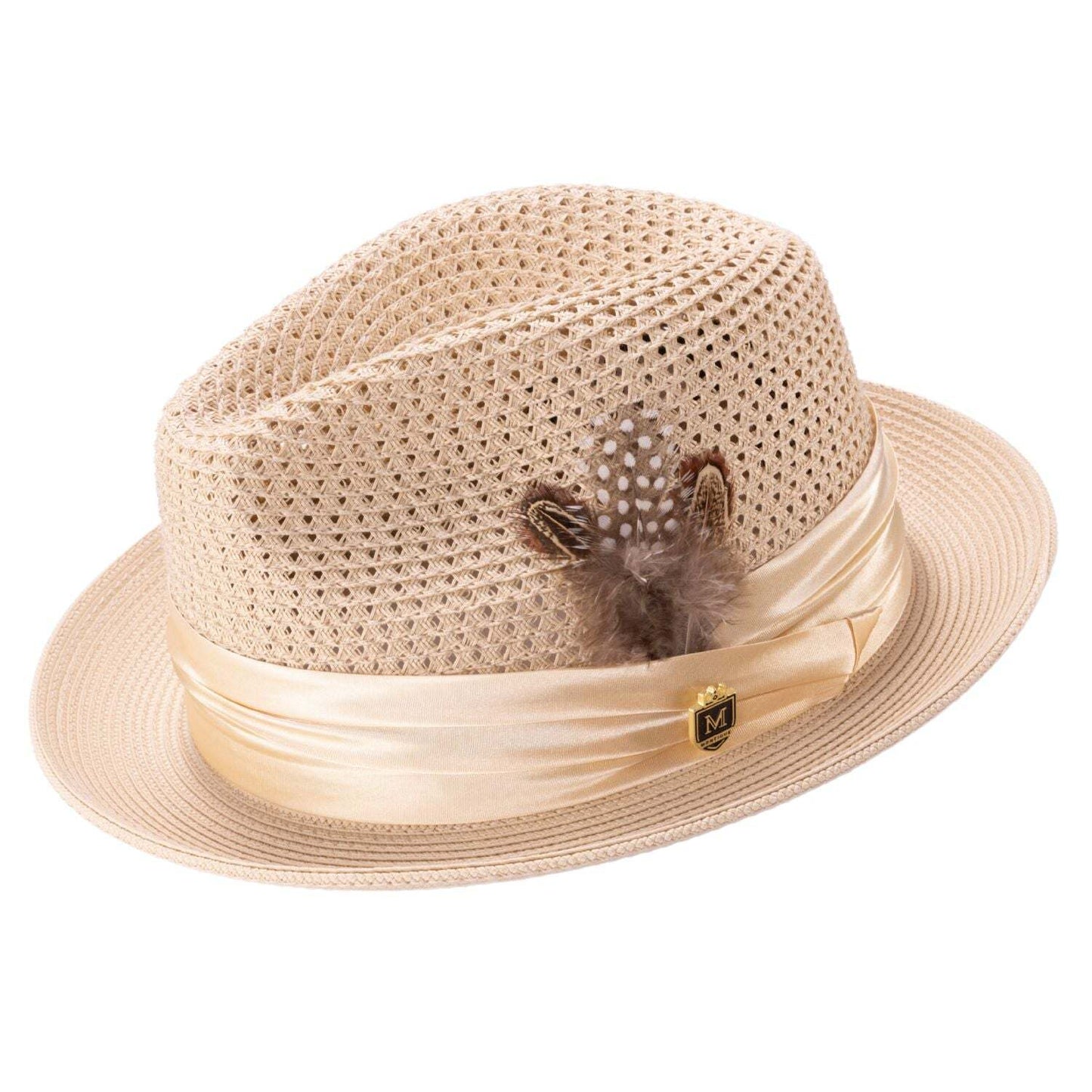 BEIGE Solid Color Pinch Braided Fedora With Matching Satin Ribbon . SZ XL H-34