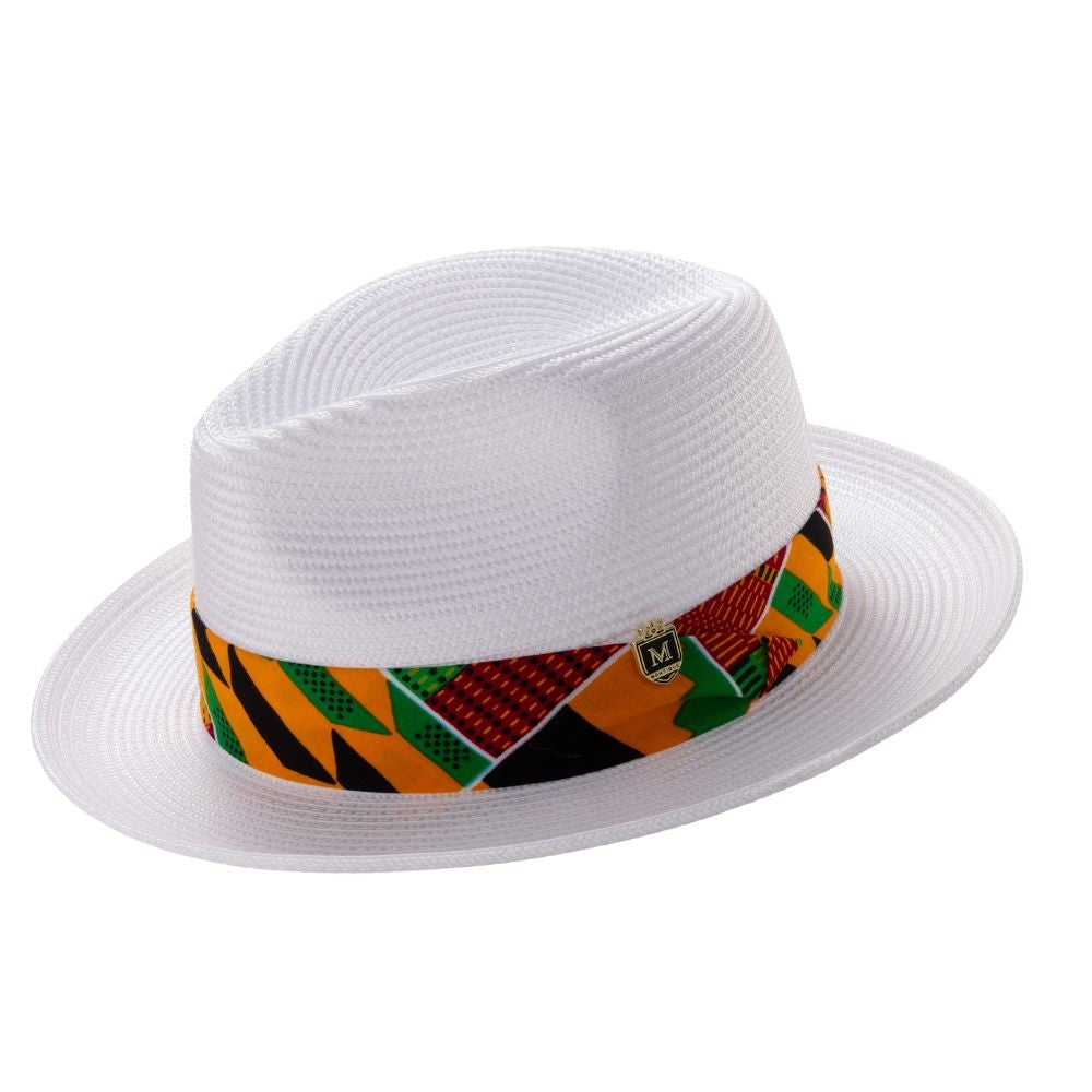 White Braided Straw Fedora Hat - Kente Print Band 2 1/2 IN  BRIM SZ  SM  H- 107