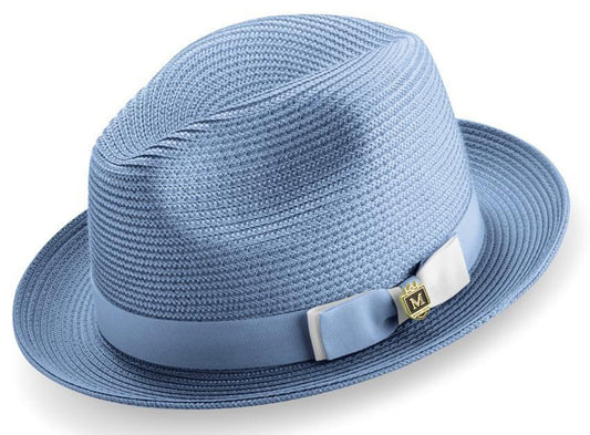 Men's CAROLINA BLUE Braided Two Tone Stingy Brim Pinch Fedora Hat   SZ  MED  H68