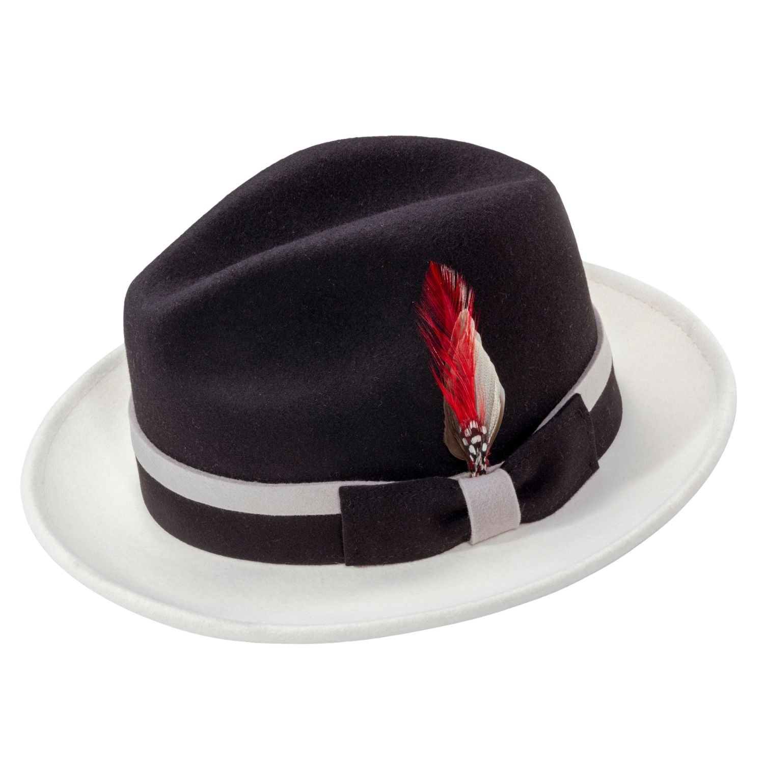Montique Black & White Felt Fedora with Grey Band and FeatherSZ MEDIUM  H103