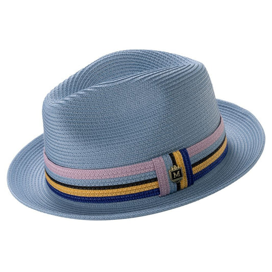 CAROLINA Braided Straw Fedora Hat with Multistripe Band 2 1/2 IN BRIM SIZE MED
