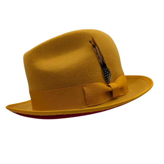 Montique GOLD with Grosgrain Ribbon 2 3/8" Brim Red Bottom Wool Felt Hat. sz MED