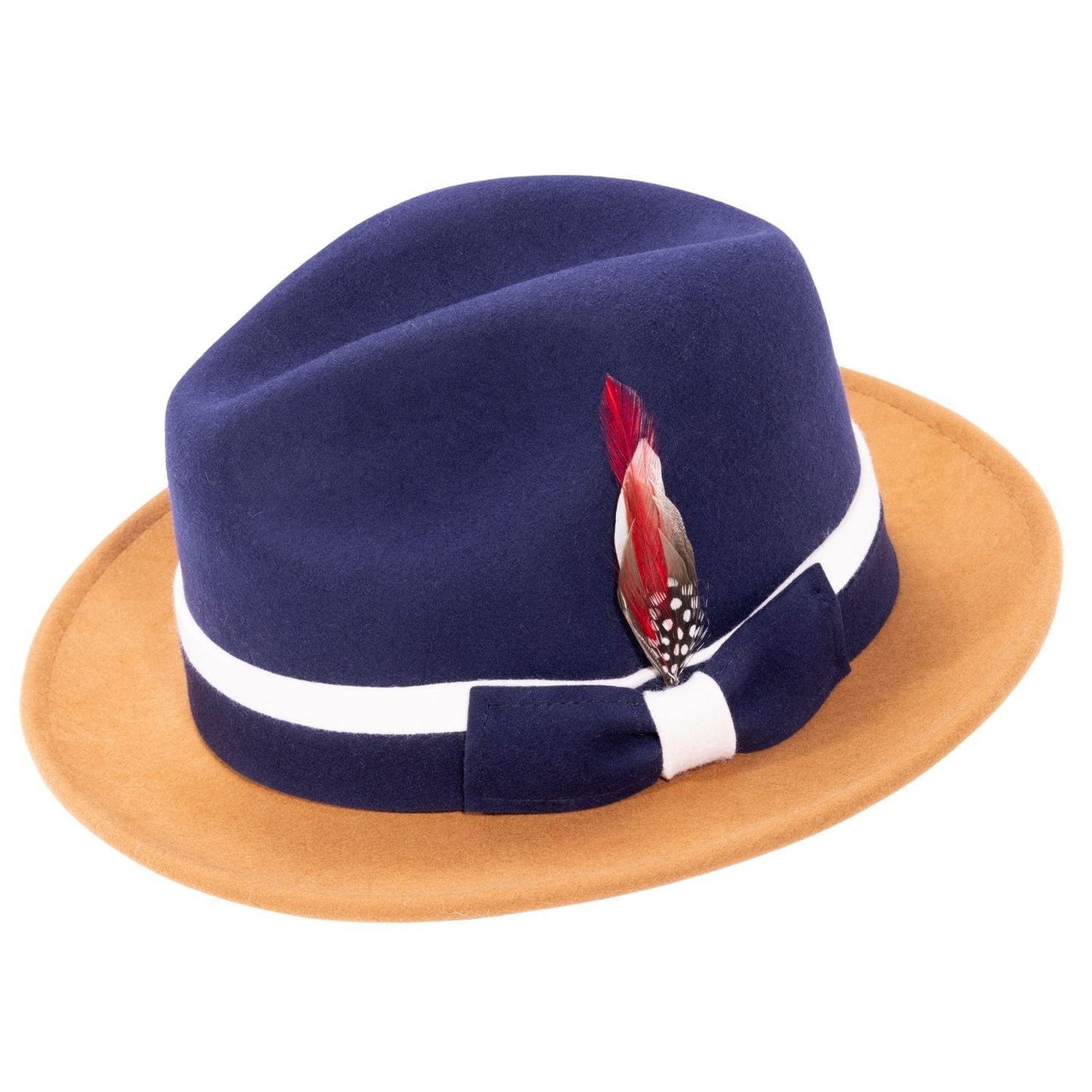 Montique NAVY& Cappuccino Felt Fedora with WHITE Band and FeatherSZ MEDIUM  H103